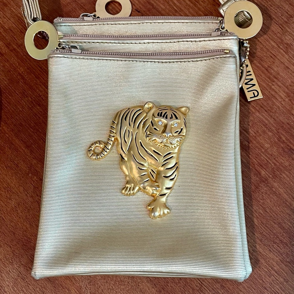 Vintage 1980s Nima Gold Tiger Brooch Triple Pocket Women’s Crossbody Bag Purse - Picture 3 of 13